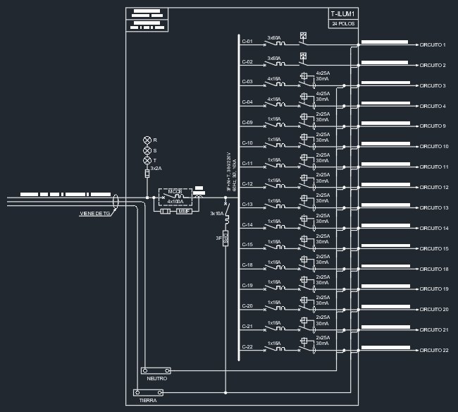Diagrama unifilar exportado en DXF, abierto en AutoCAD