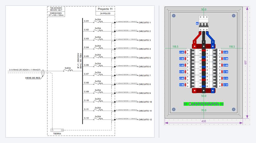 Paso 2: unifilar con 12 circuitos y tablero con sus interruptores