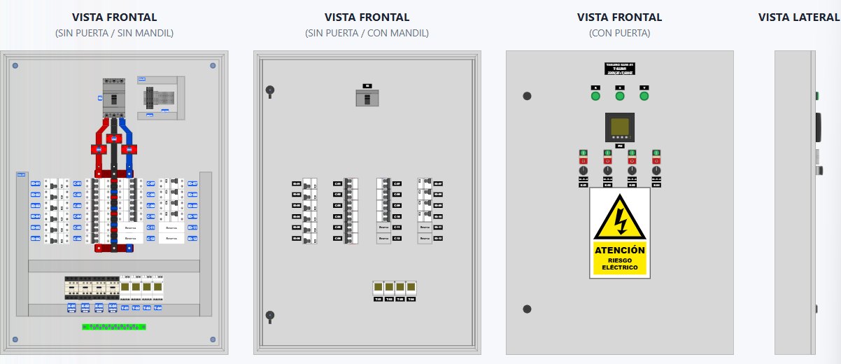 Las cuatro vistas del tablero: frontal sin puerta, con mandil, con puerta y lateral